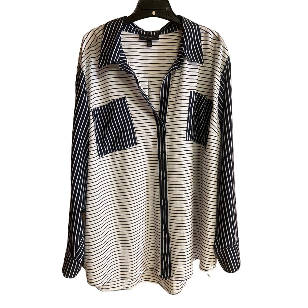 Lane Bryant Navy & White Striped Button-Up Shirt Size 26/28 Polyester
